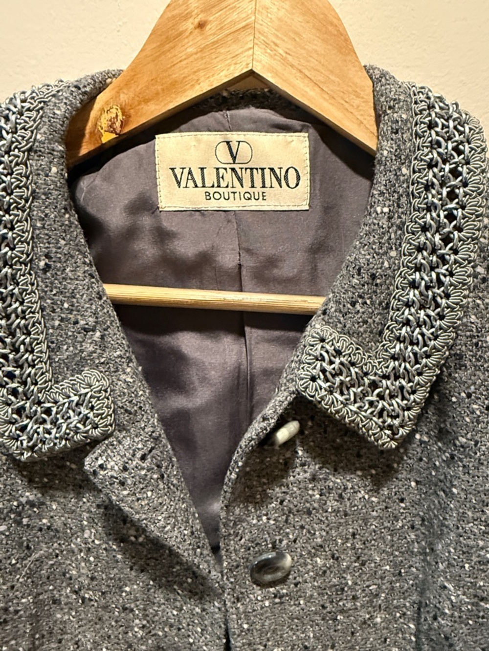 Valentino Boutique Gray Tweed Suit with Crocheted Trim
